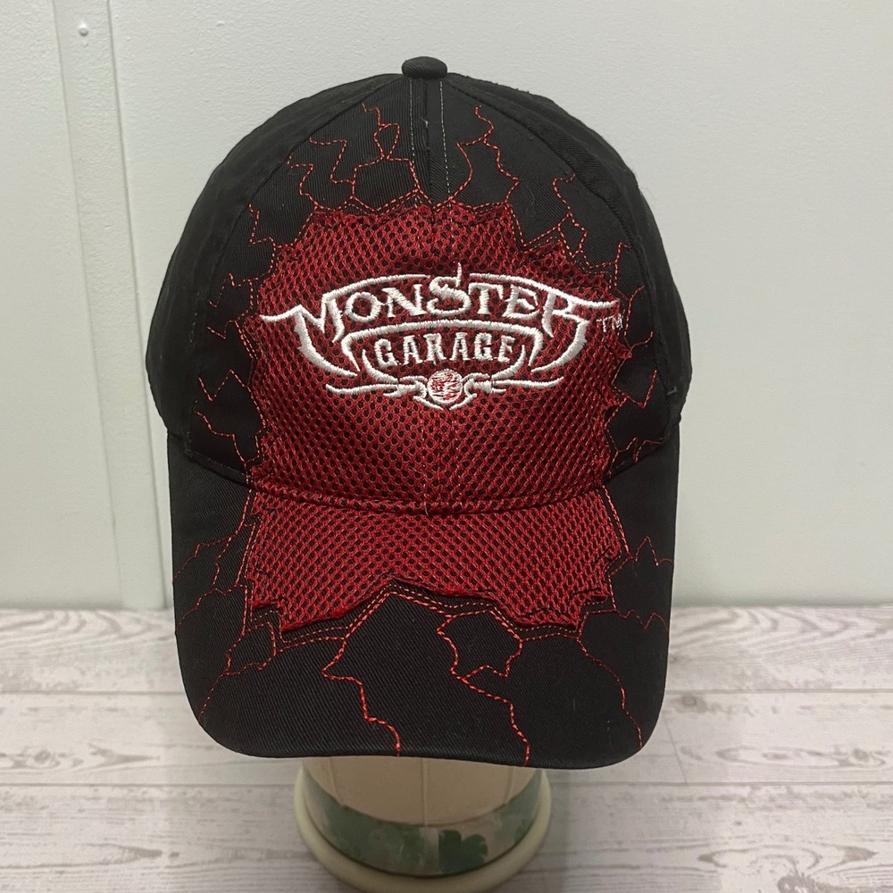 Monster Garage Hat Black Red Mesh Embroidered Logo Adjustable Baseball Cap